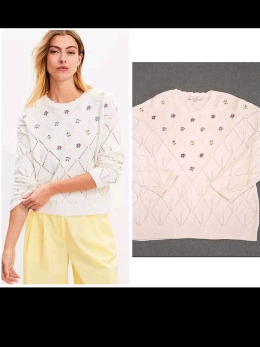 LOFT Women Lacy Pointelle Knit Sweater L Cream Embroidered Floral Cottage